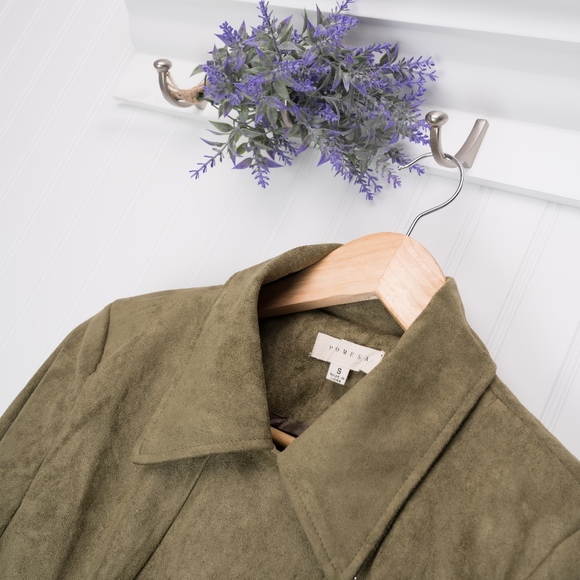Faux Suede Moto Jacket in Olive Front Zippered - Picture 7 of 8
